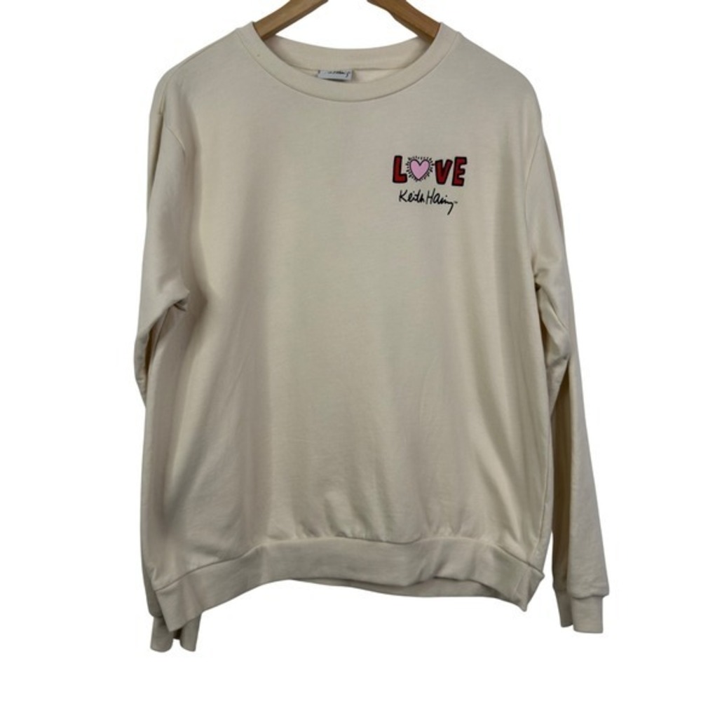 Keith Haring LOVE Heart Graphic Sweatshirt Cream‎ Pullover Top Women's Size L